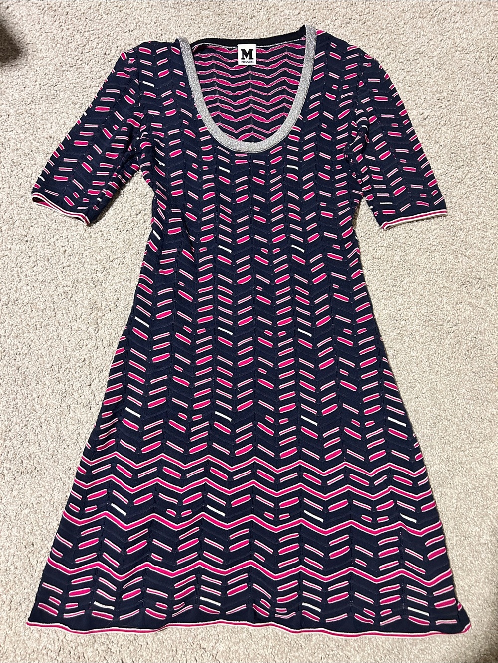 Missoni Navy and Pink Geometric Knit Midi Dress